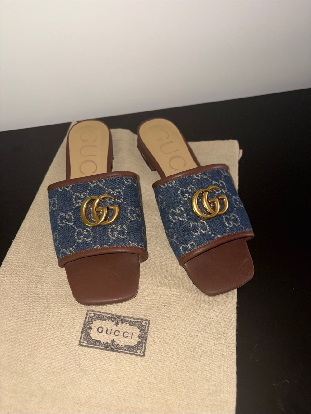 Gucci Blue GG Denim & Brown Leather Slide Mules with Gold Double G
